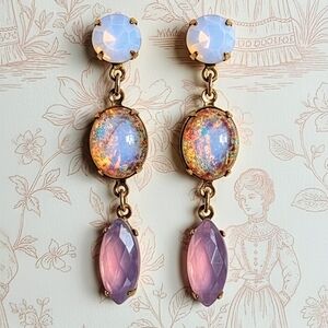 Pink Fire and Swarovski Rose Opal Crystals in Long Drop Dangle Earrings